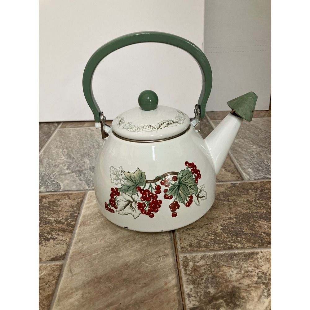 Charter Club Summer Grove Vintage 1997 Enamel Tea Kettle Fruit Pear Berries